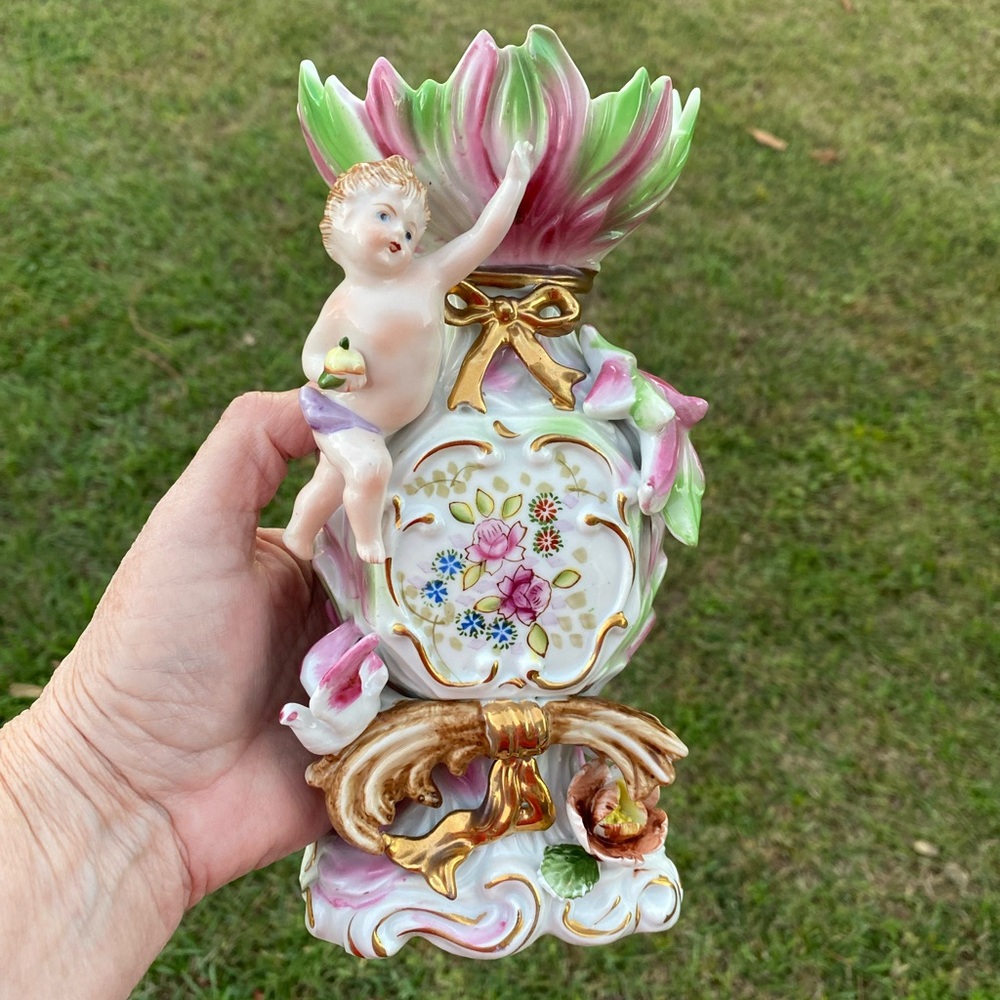 Japanese Ucagco Exquisite Cherib Figurine Collector Pink Green Gold Vase in EUC!